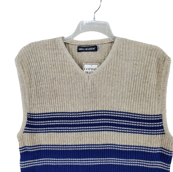Vtg 90s Van Heusen Vest Dad Pullover Beige Blue Striped Linen Cotton Men L NWT - Picture 5 of 15